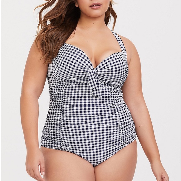 💕SOLD💕 Blue Gingham Ruched One Piece Swimsuit - Picture 3 of 4